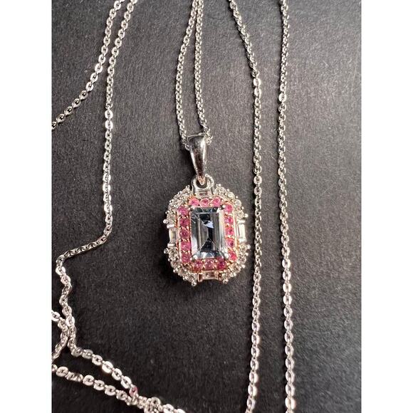 NEW Aquamarine pink sapphire necklace in rhodium and rose gold over 925 silver - Picture 9 of 14